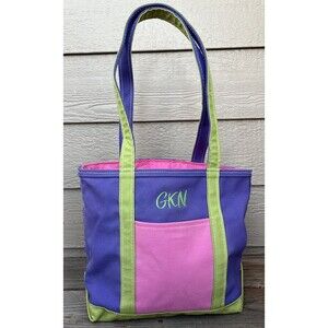 LL Bean Boat And Tote Bag Canvas Top Zip Purple/Green/Pink Embroidered Initials